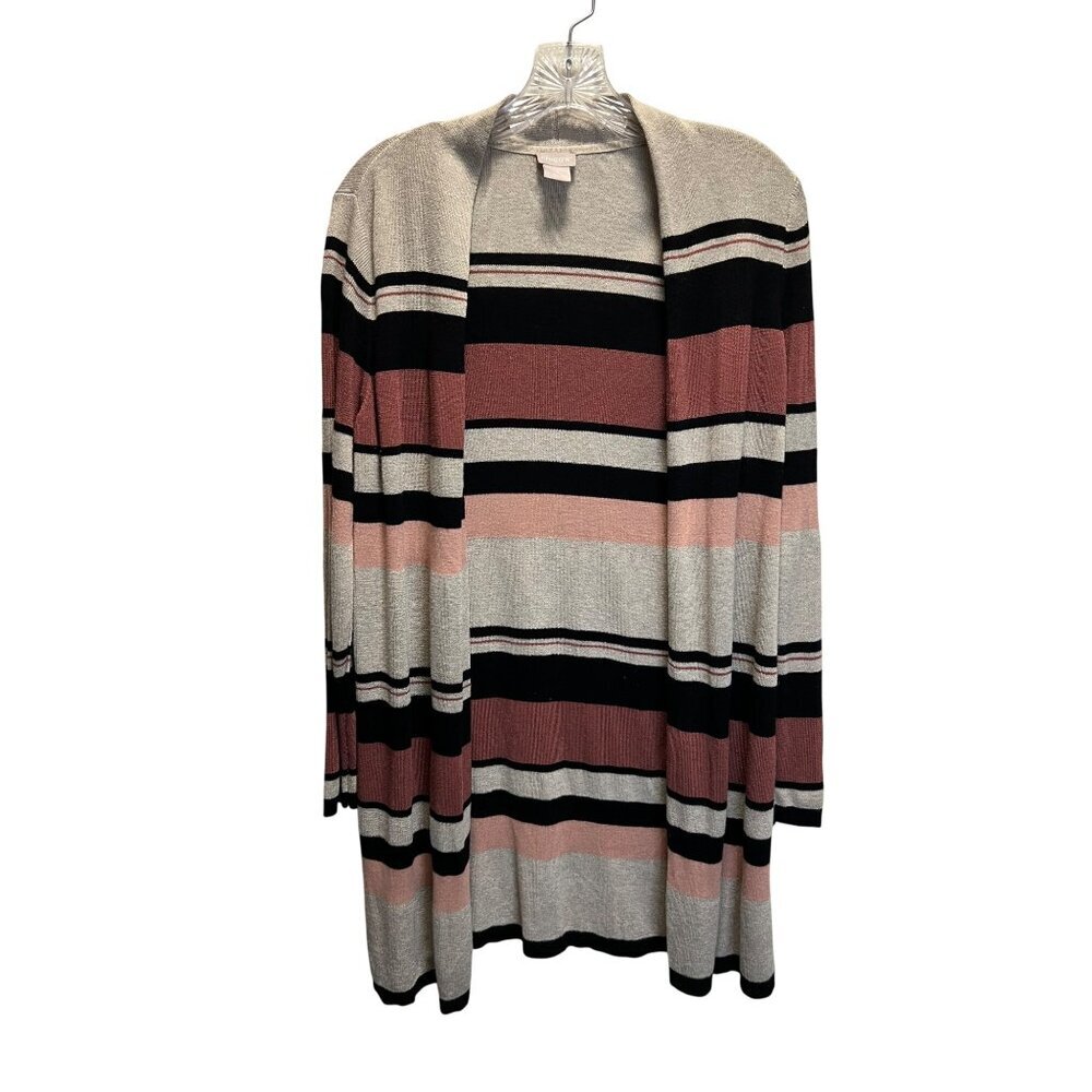 Chicos Womens Open Front Cardigan Sweater Size 2 Stripe Pattern Rayon Blend